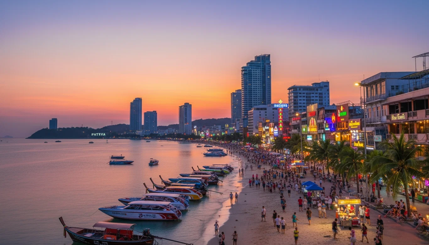 Magnificent sunset over Pattaya Bay in Thailand: cityscape, beach road, sparkling sea with boats, and an impressive sky.